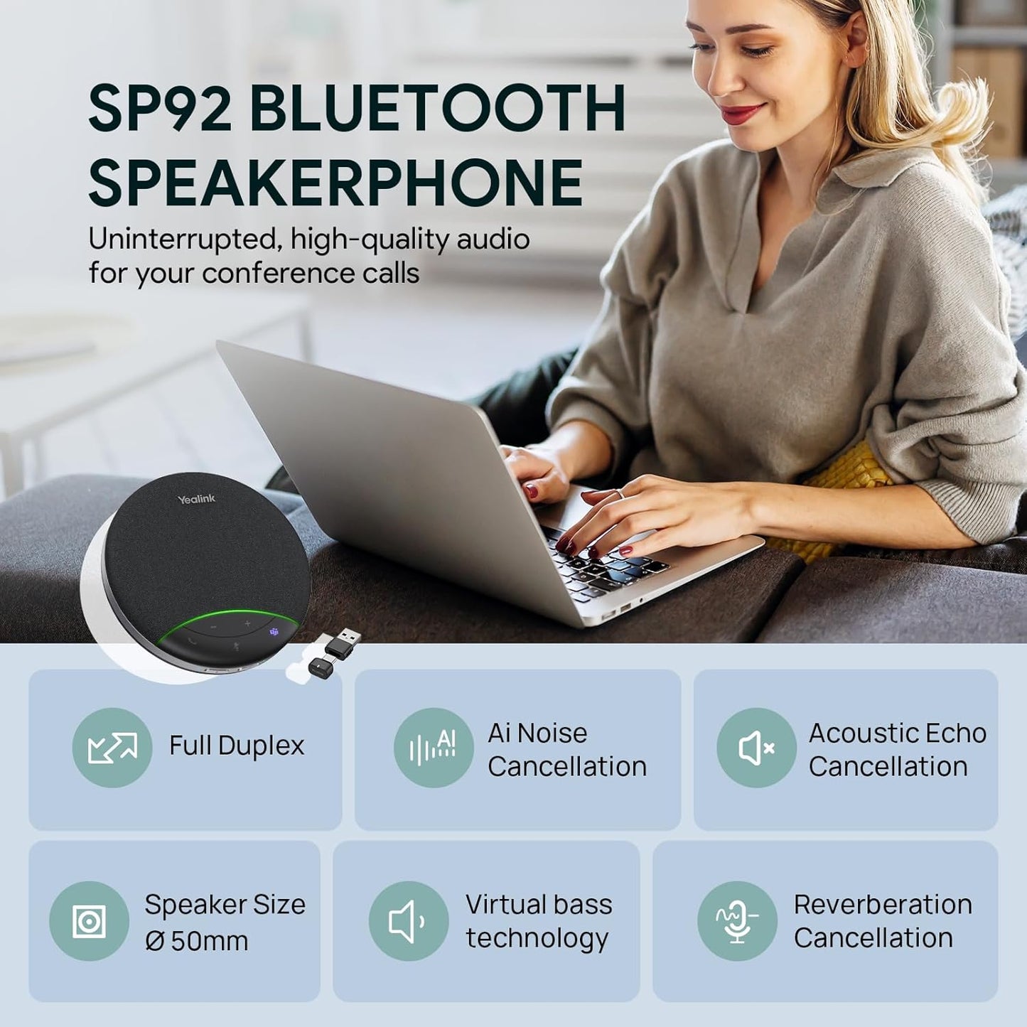 Yealink SP92 Bluetooth Speaker and Microphone with Dongle, Conference Speakerphone for Teams, 13ft 360° Omni Pickup, Full-Duplex Mic, Al Noise Reduction, 20H Call Time, USB C/A