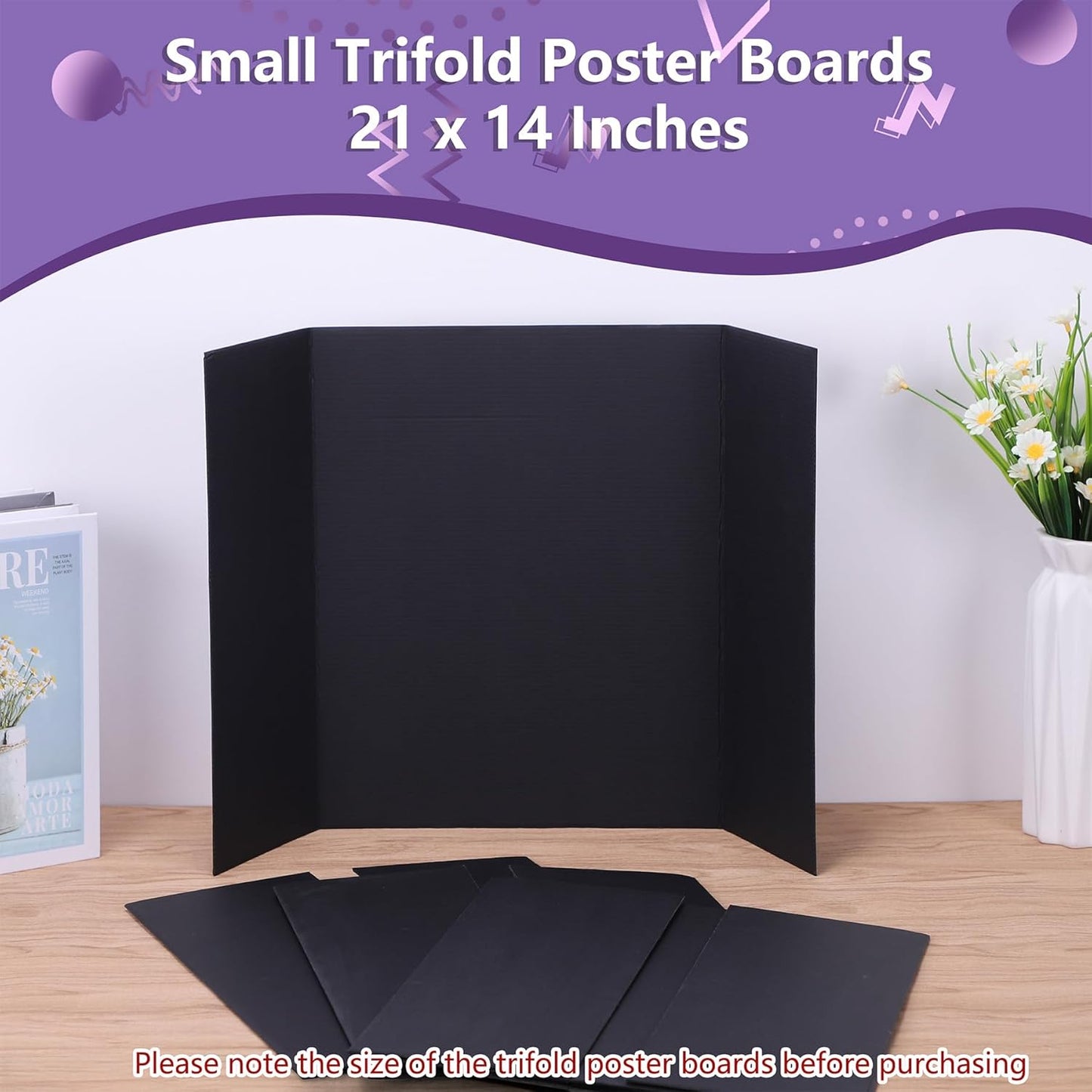 4 Pack Small Trifold Poster Board 21" x 14" Tri Fold Poster Boards Black Corrugated Cardboard Project Boards for Presentations, School Projects, Science Fair, Exhibition Event Display