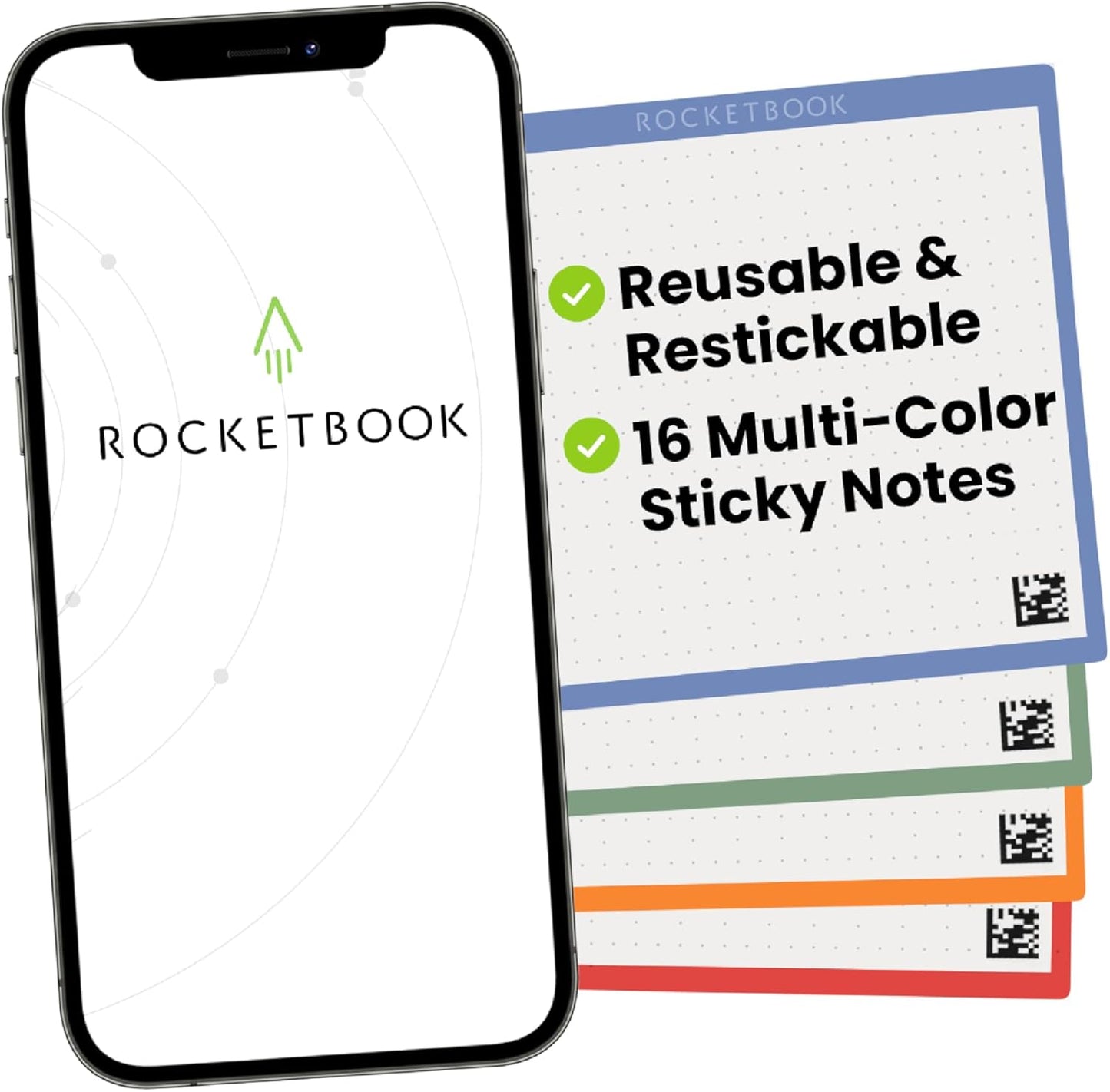 Rocketbook Reusable Sticky Notes Expansion Pack, 3"x3", 16 Multi-Colored Sticky Notes - Dotted Paper, App-Connected, Erasable, Reusable Adhesive, Ideal for to-Do Lists and Reminders