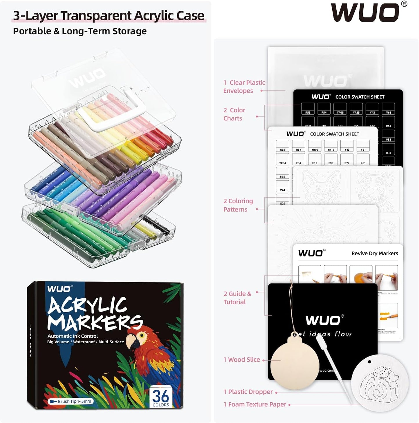 WUO 36 Colors Acrylic Paint Markers (2 Metallic), Automatic Ink Control Brush Tip for Multi-Surface Acrylic Paint Pens for Rock Painting, Wood, Canvas, Glass, DIY Art