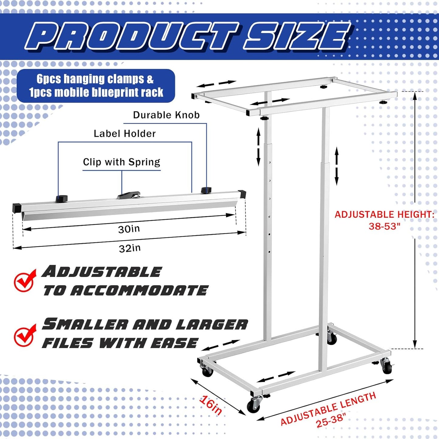 Mobile Blueprint Storage Rack Adjustable Holder with 6 Pcs Blueprint Clamps 4 Wheels Storage Organizer Stand for File Display Plan Office Home(30 Inch)