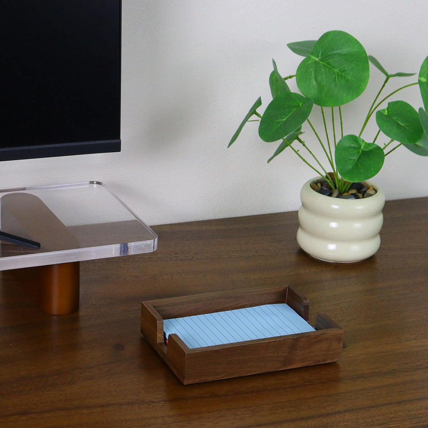 MultiBey Walnut Wood Sticky Notes Holder for Desk, 4x6 Inch Self -Sticky Note Memo Holder, Wooden Sticky Note Dispenser Office Desk Organizer for Dorm Room Office Home School (S)