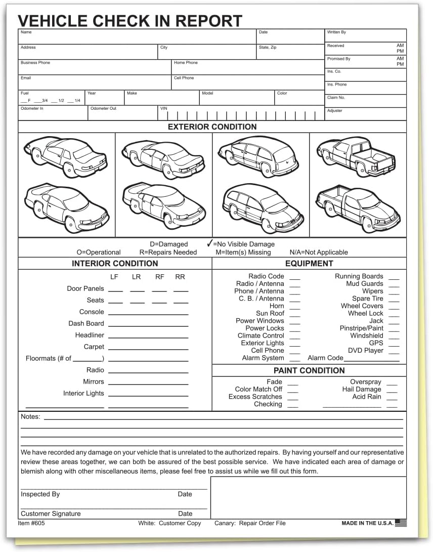 Vehicle Check-In Form Pad – 8.5" x 11" 2-Part Carbonless Auto Condition Report – White & Canary Copies – Service Intake Sheet for Car Dealerships, Repair Shops & Mechanics – Pack of 100