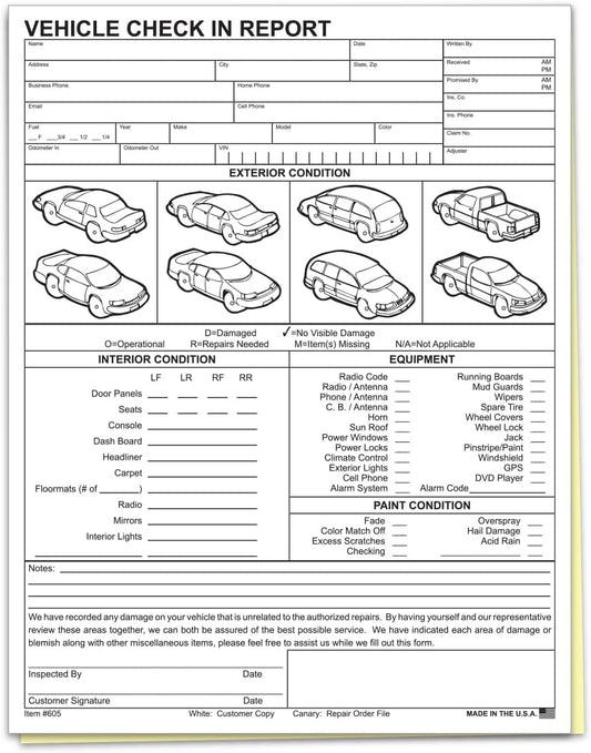 Vehicle Check-In Form Pad – 8.5" x 11" 2-Part Carbonless Auto Condition Report – White & Canary Copies – Service Intake Sheet for Car Dealerships, Repair Shops & Mechanics – Pack of 300