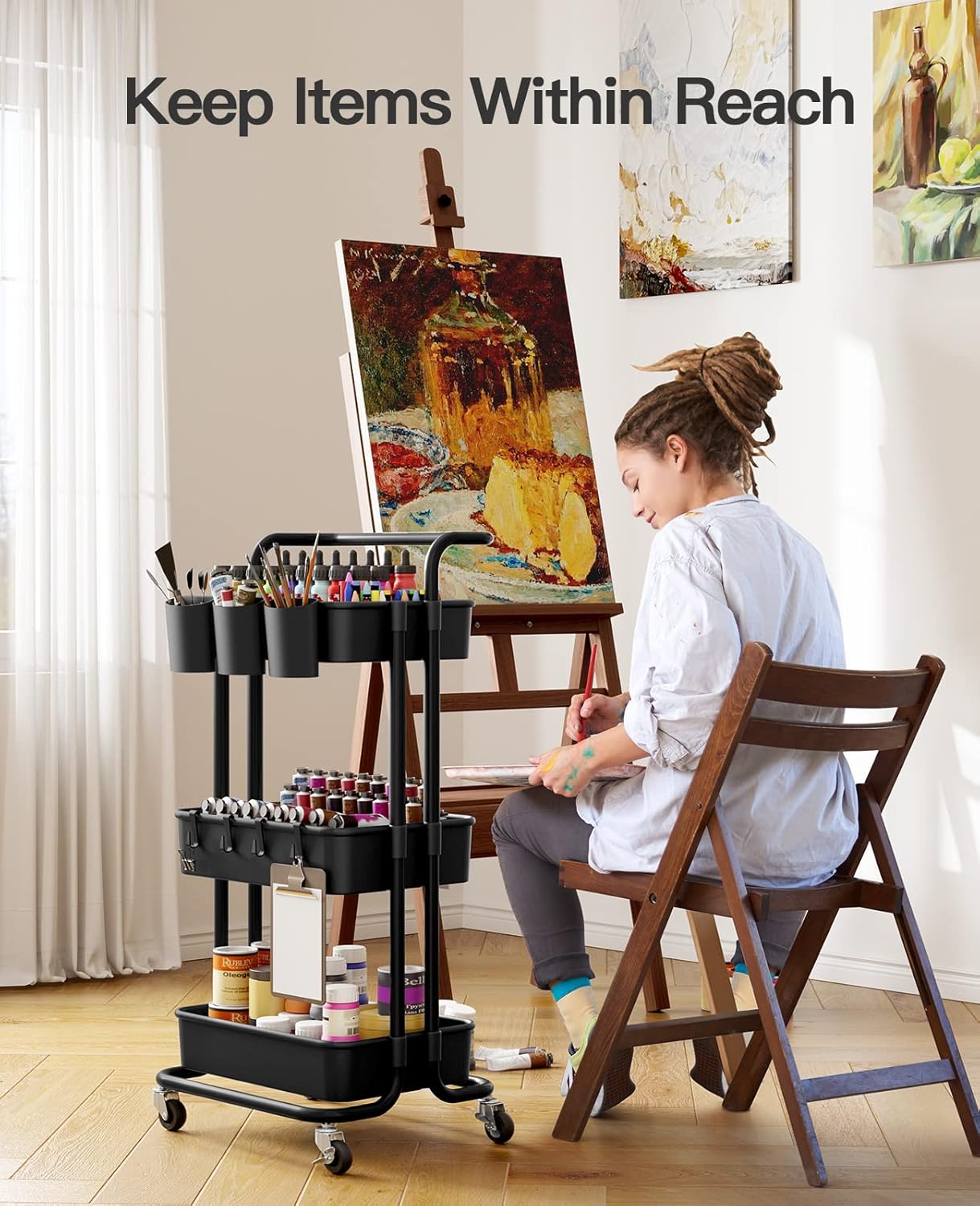 Pipishell 3 Tier Rolling Cart with Wheels - Metal Rolling Cart Organizer with 3 Hanging Cups & 4 Hooks - Art Carts Organizer for Office, Kitchen, Craft Room, Bedroom, Bathroom, Laundry Room (Black)