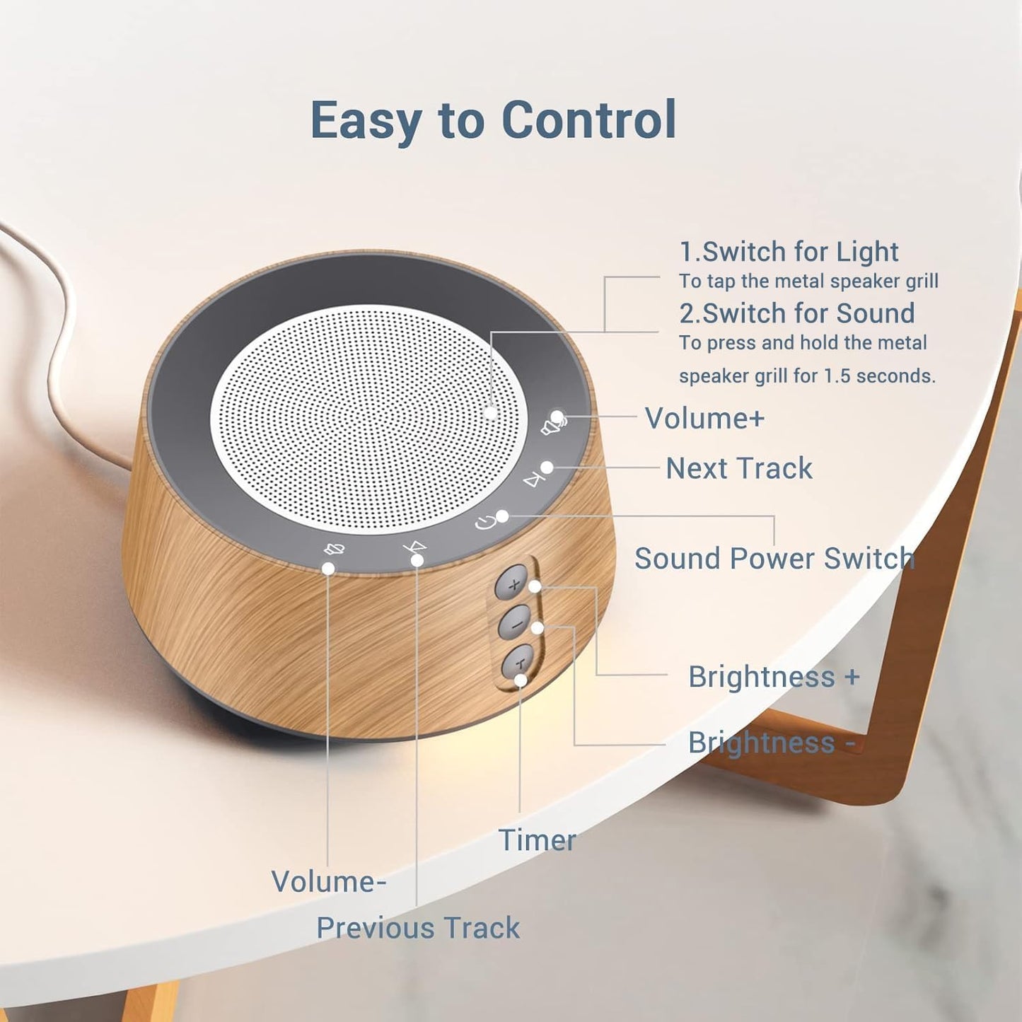 BGOVERSS White Noise Sound Machine with 20 Soothing Sounds, 10 Colors Night Light Sleep Machines Home Office Travel, 5 Timers and Memory Feature Sound Machine for Nursery Baby Kids Adults (Wood)