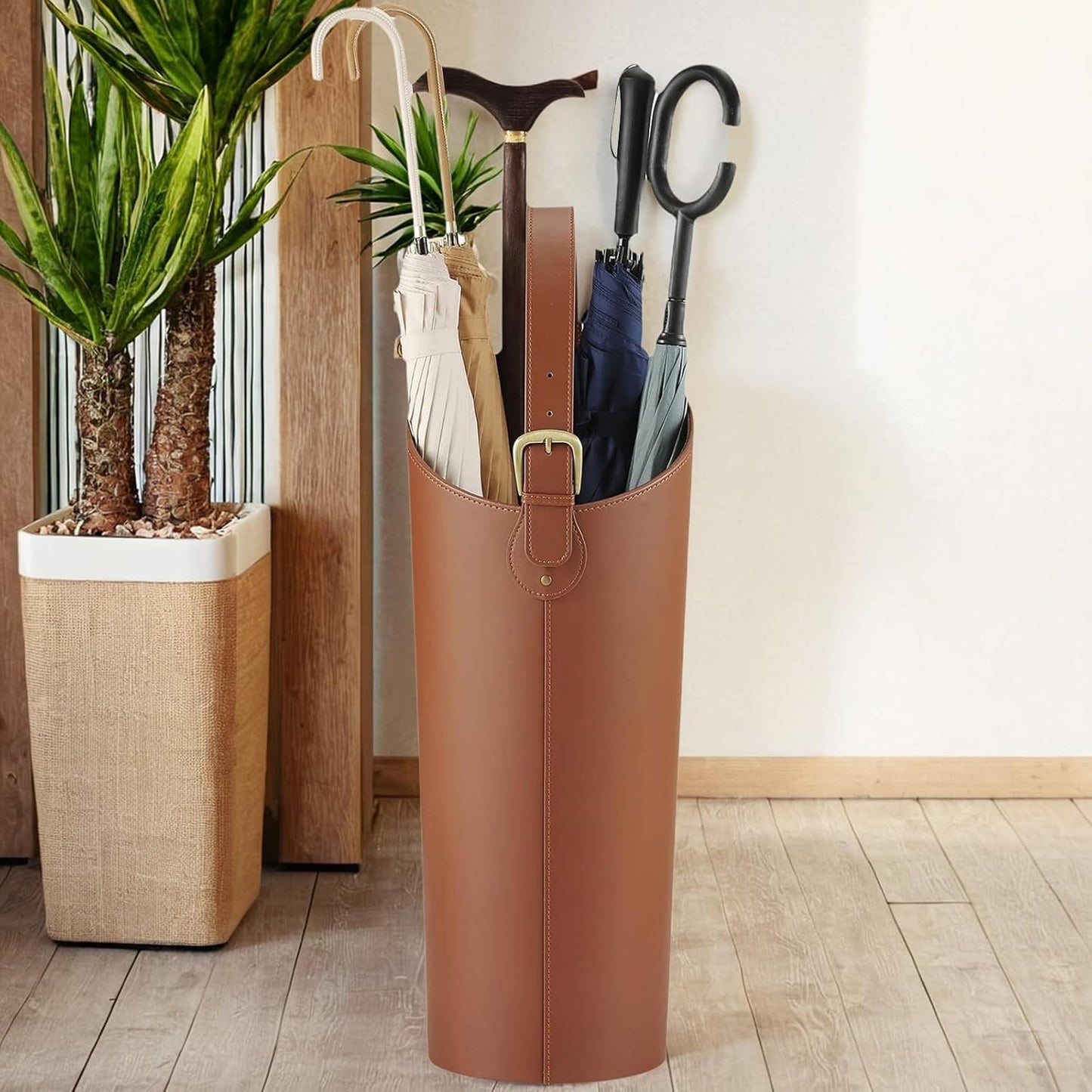 Brown Artificial Leather Tall Umbrella Holer Entryway Indoor for Business Office,22.4 Inch Umbrella Stand Entryway with Removable Water Tray 2 Hooks