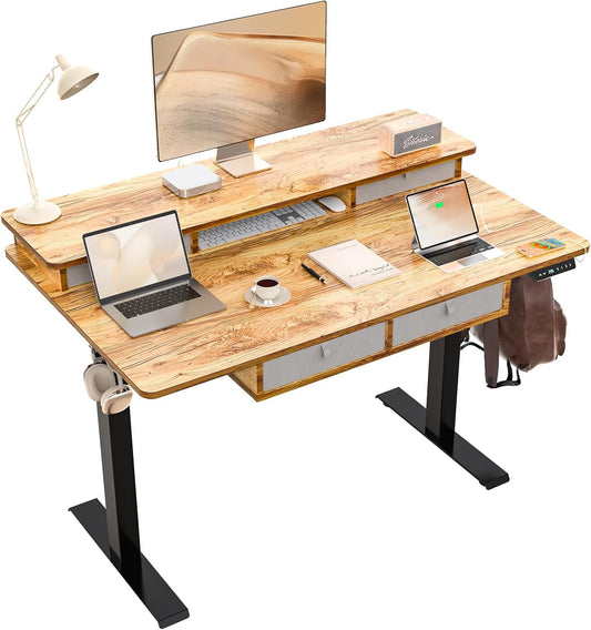 48 * 30 Inches Electric Standing Widened Desk Adjustable Height with 4 Drawers, Double Storage Shelves Stand Up Desk, Home Office Workstation Sit Stand up Desk (Light Rustic Brown)