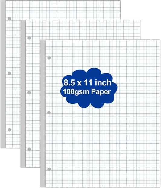 (3-Pack) A4 Grid Filler Paper - 3-Hole Graph Paper, Letter Size 300Sheets / 600Pages Loose-Leaf Paper, 100gsm White Paper, 8.5'' x 11''