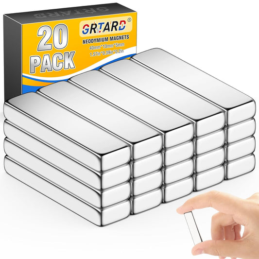 Grtard 20 Pack Neodymium Magnets - Extra Strong Rare Earth Powerful Rectangular Magnets for Crafts, Cruise, Fridge, Industrial and Home Organization - 40x10x5mm
