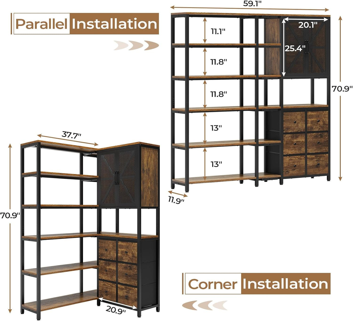 Corner Bookshelf, 6 Tier Industrial Convertible Bookshelf with 6 Fabric Drawers, Corner Bookcase Large L Shaped Storage Display Shelf for Home Office, Living Room, Kitchen, Black