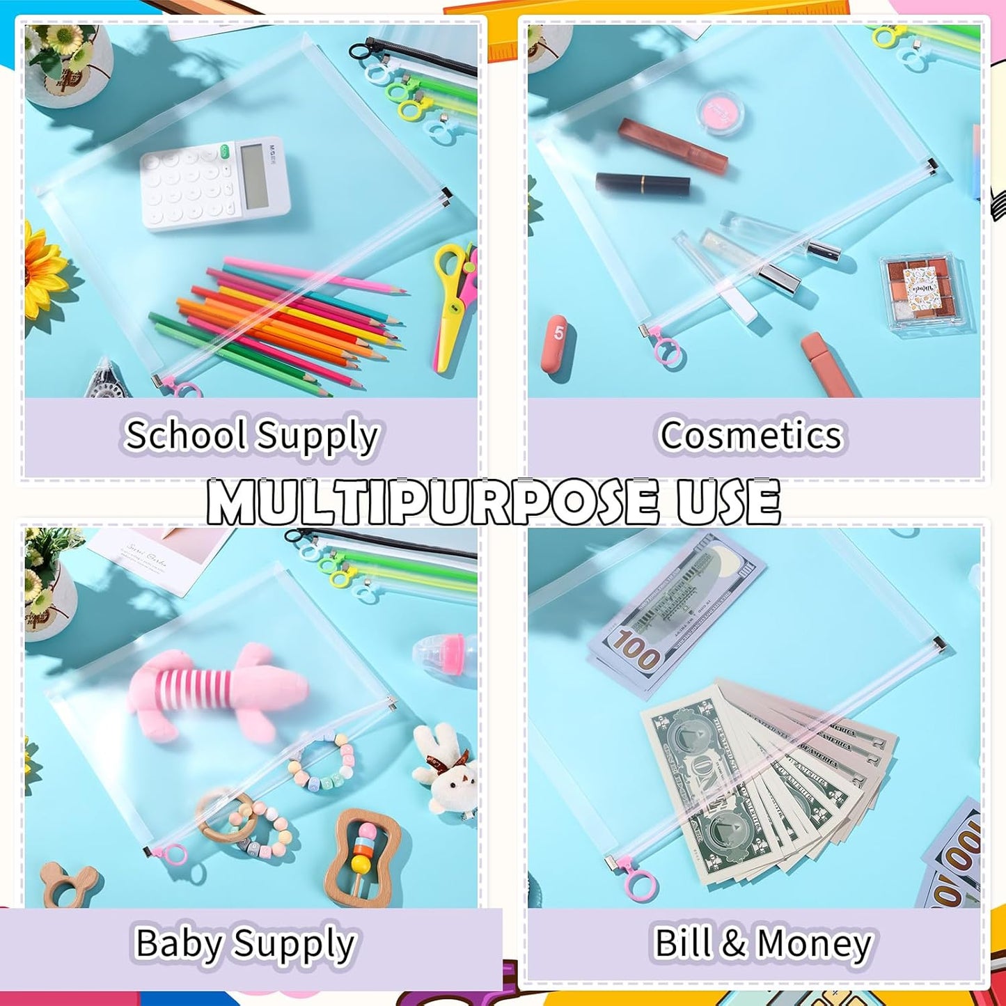 Yexiya 30 Pcs Back to School Clear Plastic Zip Envelope A4 Zipper Document Folder 13 x 9.7In File Folder Expanding Envelope Pouch for Paper Pencil Storage Office Supplies (Stylish Colors)