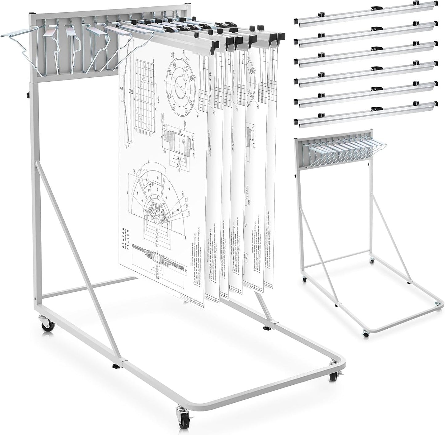 Estune Mobile Blueprint Holder Rack, Adjustable Mobile Blueprint Holder with 6 24 in Hanging Clamps 4 Wheels Poster Display Rack Storage Organizer Stand for File Display Plan Office Home(Silver)