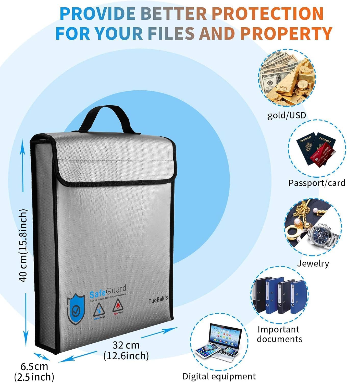 TuoBak's Fireproof Waterproof Document Bag with Zipper,Heat Insulated Upgraded Fireproof Document Bag 15.8”x 12.6”×2.5” for Important Document Storage Organizer for Valuables, Legal Documents Safe