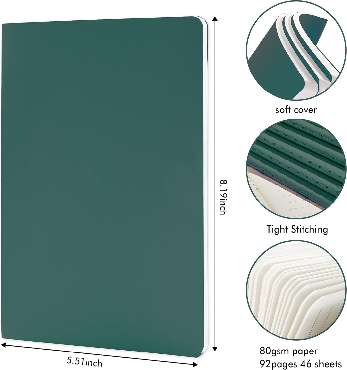 8 Pack Soft Cover Journal Bulk, Feela Notebooks College Ruled for Work, Lined Travel Journal for Women Men, Note Taking Notebook School Supplies Business Writing, 8.2” x 5.5”, A5, Dark Green