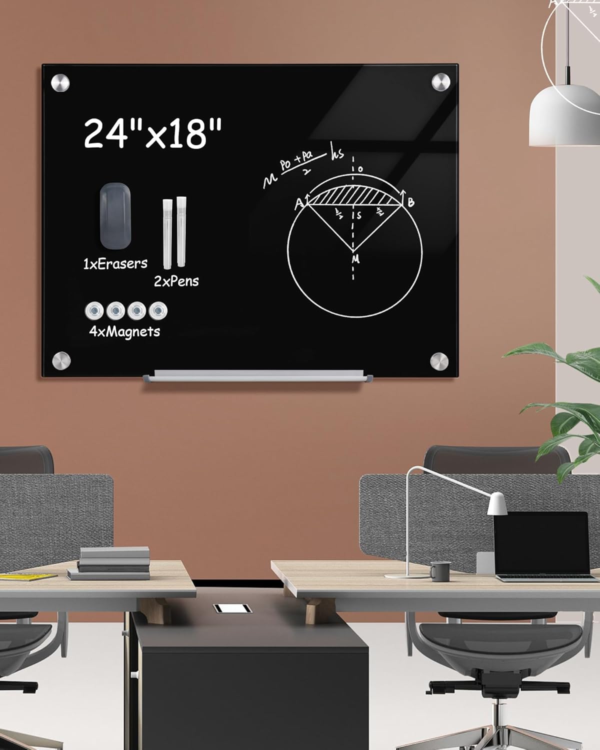 Magnetic Glass Whiteboard，24"x18" Wall Mounted Frameless Dry Erase Board for Office, Home & School Black