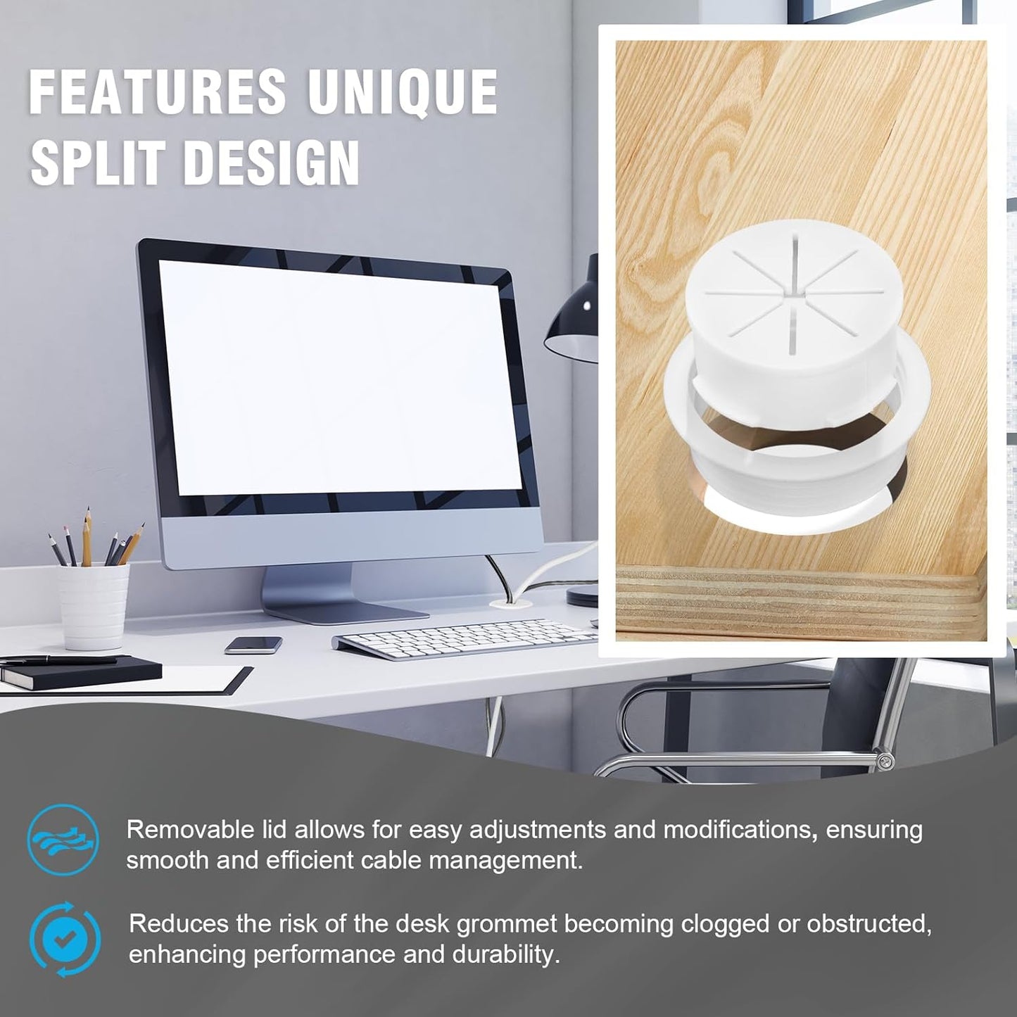 2" White Desk Grommet, JTemgle Flexible Cable Grommet Plastic Cable Hole Cover Wire Organizer Caps Desktop Cord Management for Home Office TV Stands Tabletops, 2 Pieces