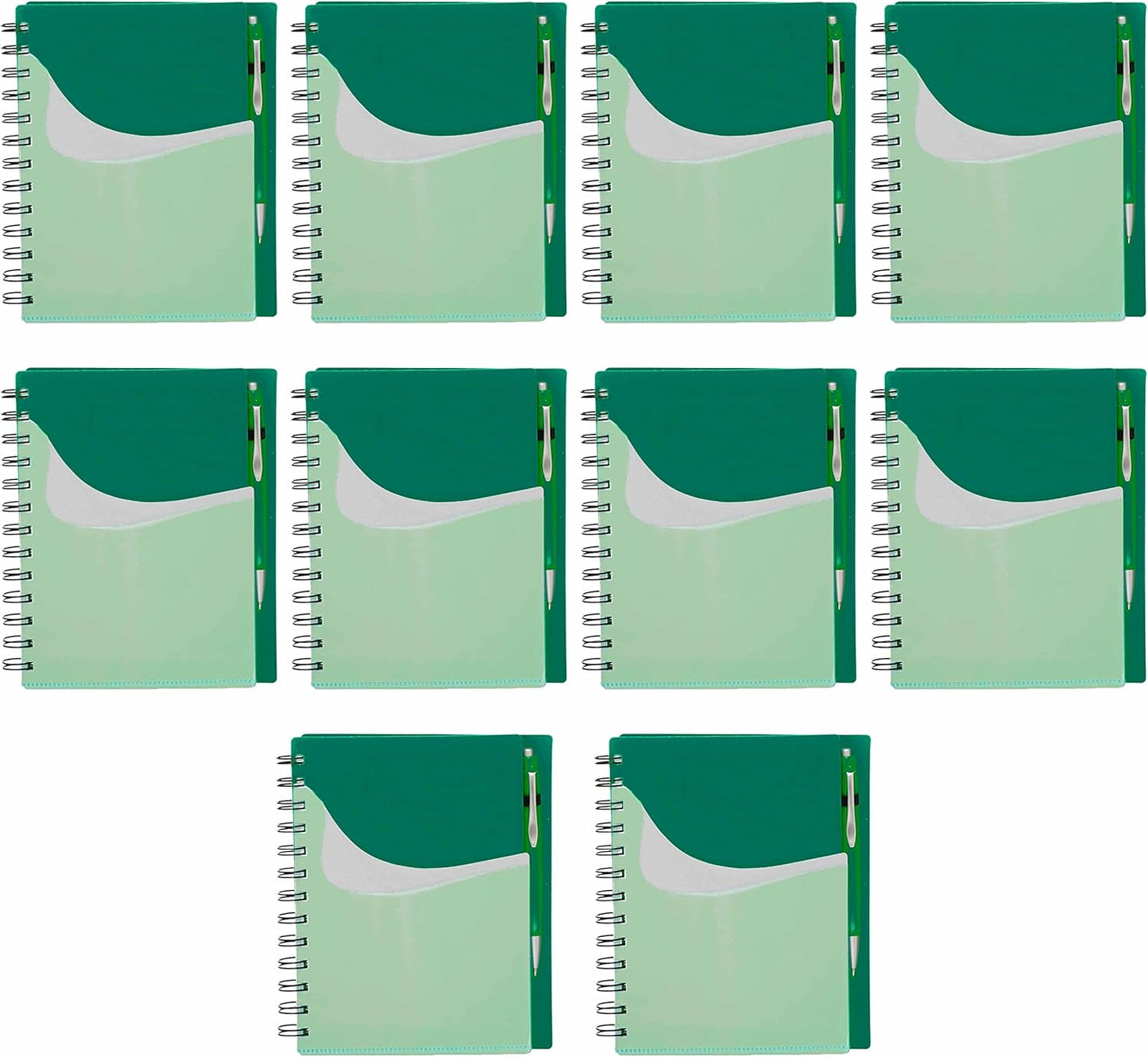 DISCOUNT PROMOS Spiral Notebooks with Front Pocket Set of 10, Bulk Pack - Durable Plastic Cover, Includes Matching Pen in Blank Ink, Perfect for School, Office, Home - Green