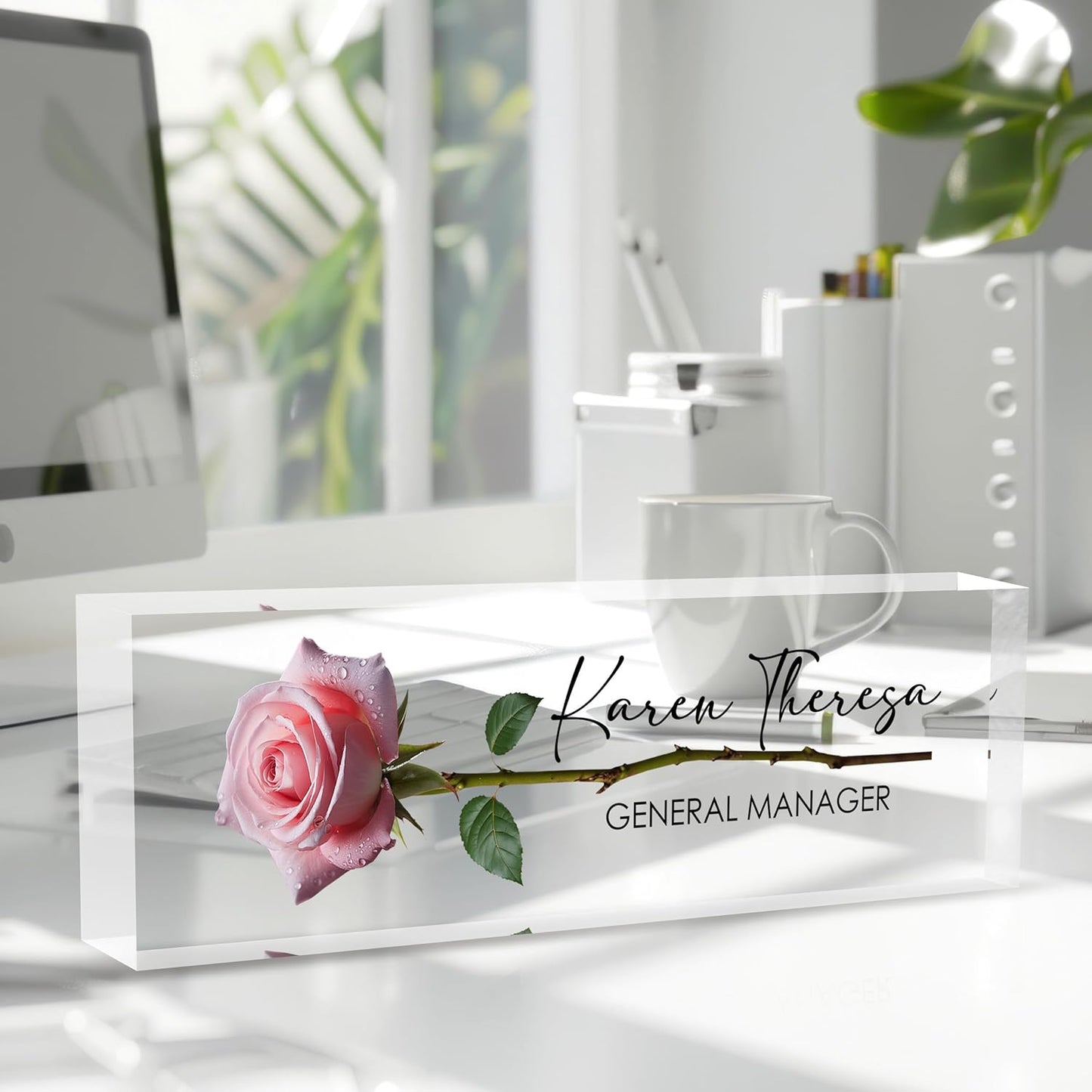 Custom Office Name Plate, Personalized Gifts for Women & Employees, Office Desk Accessory (A Rose)