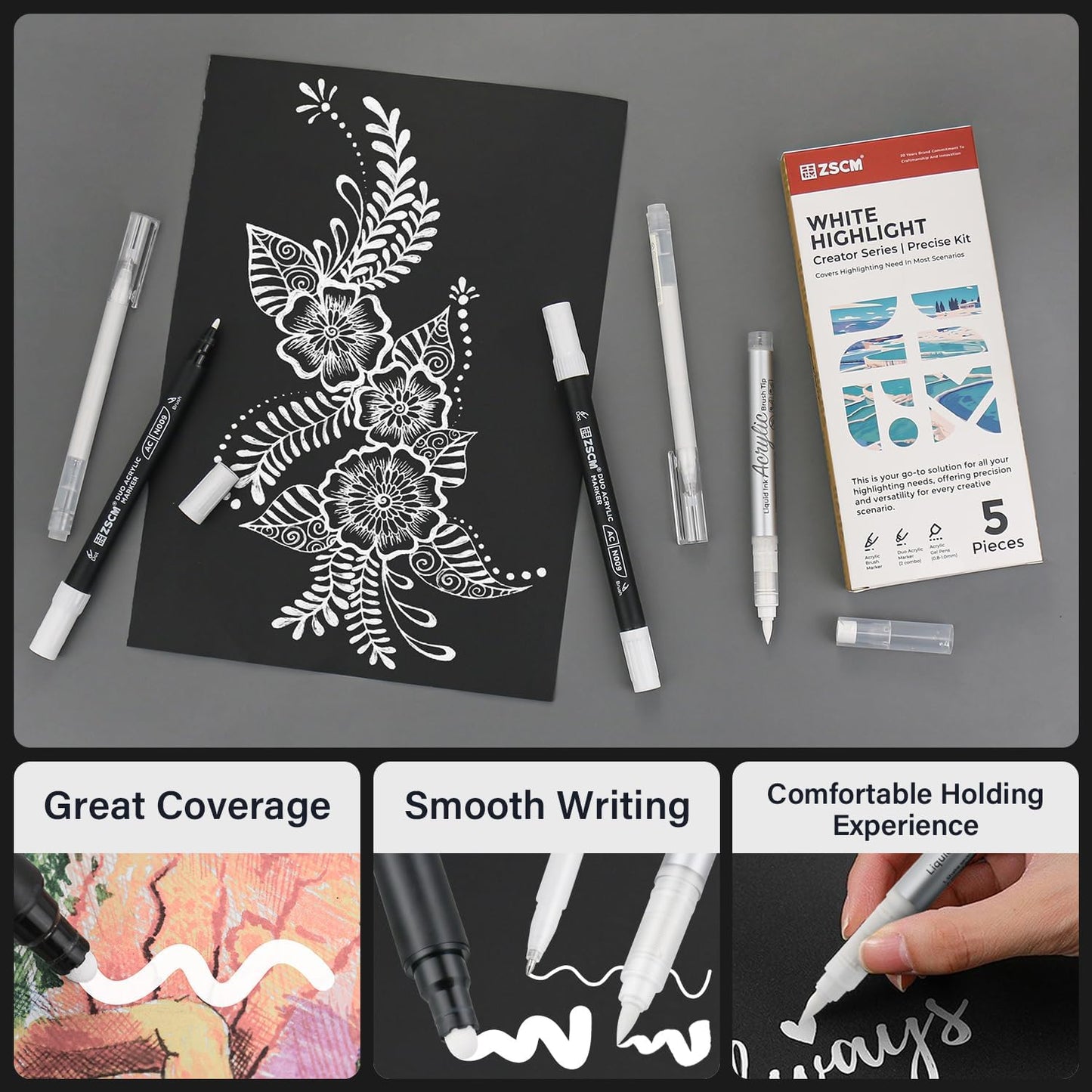 5 Pack White Acrylic Ink Pens for Drawing, Fine Point White Gel Pens, Opaque Acrylic Markers for Black Paper Drawing, Sketching, Illustration, Card Making