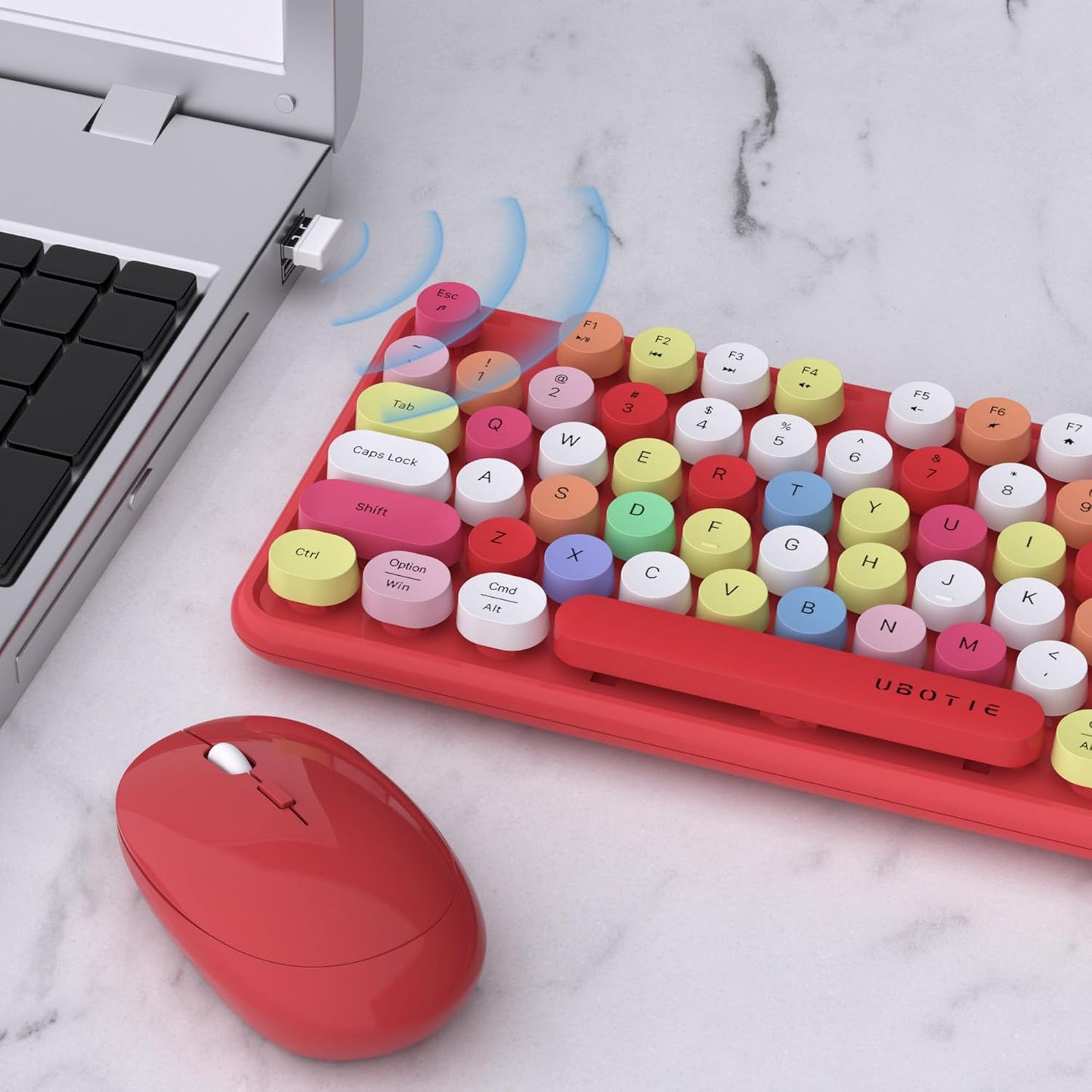 UBOTIE Colorful Computer Wireless Keyboard Mouse Combos, Typewriter Flexible Keys Office Full-Sized Keyboard, 2.4GHz Dropout-Free Connection and Optical Mouse (Red-Polychrome)