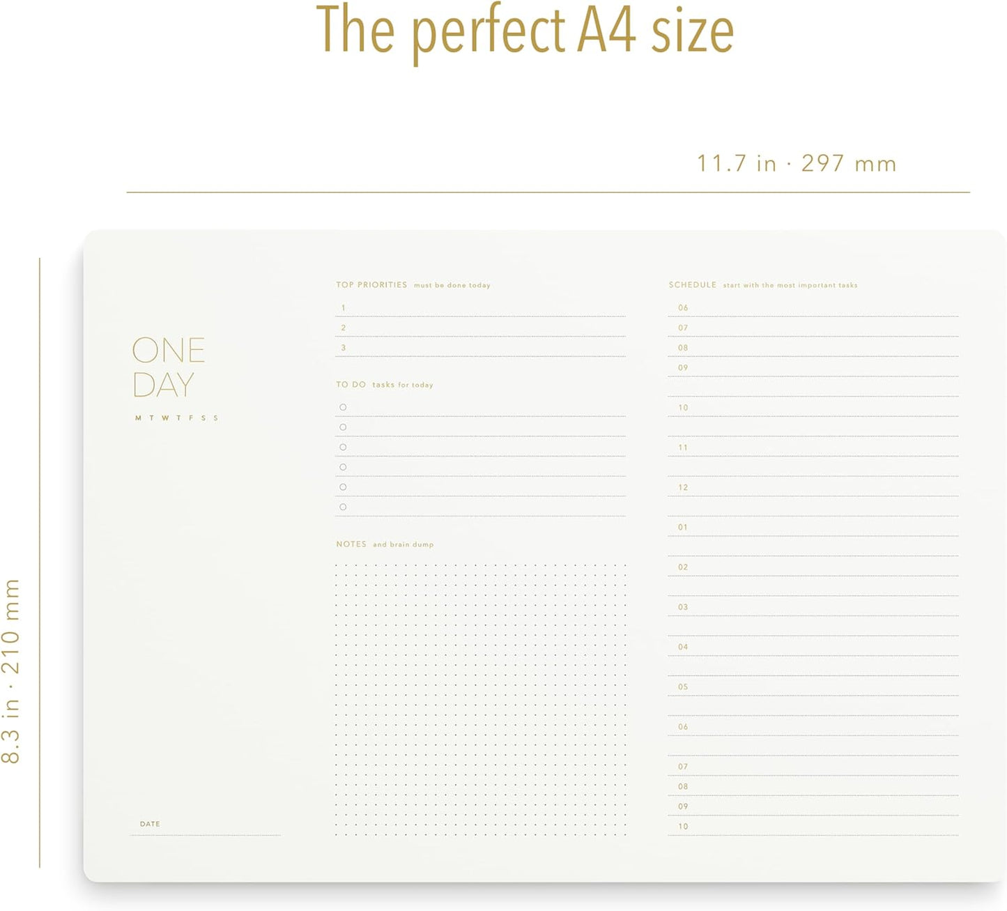 One Day, Elegant Daily Desk Planner, Gold Foiled, Minimalist Productivity Planner Pad, Time Blocking Hourly Schedule, To Do List Notepad, A4, 52 Pages, FSC™ Certified