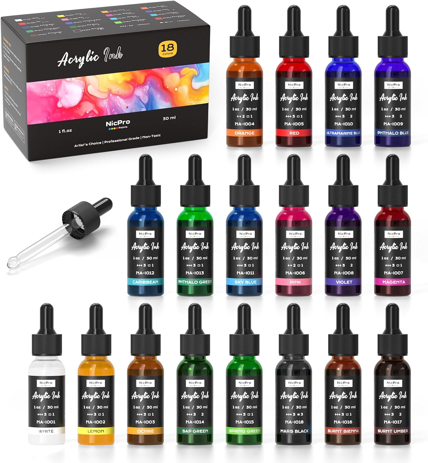 Nicpro 18 Colors Acrylic Ink, 1-oz(30ml) Bottle with Dropper, Quick Dry Permanent Acrylic Drawing Inks For Artist, Essential Color Set For Ink Drawing, Pouring Art, Airbrush, Scrapbooking, Mixed Media
