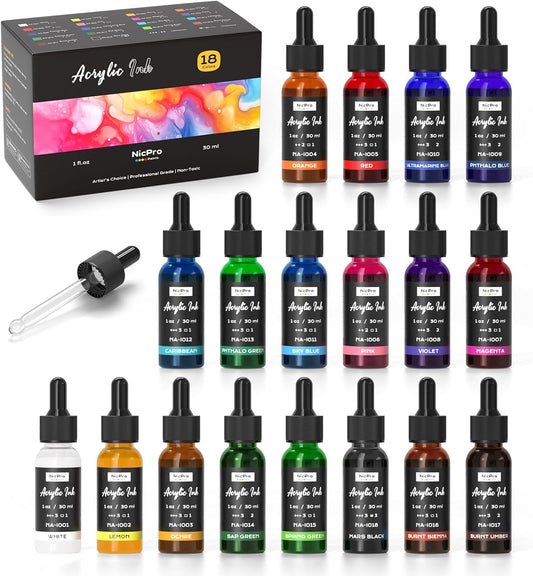 Nicpro 18 Colors Acrylic Ink, 1-oz(30ml) Bottle with Dropper, Quick Dry Permanent Acrylic Drawing Inks For Artist, Essential Color Set For Ink Drawing, Pouring Art, Airbrush, Scrapbooking, Mixed Media