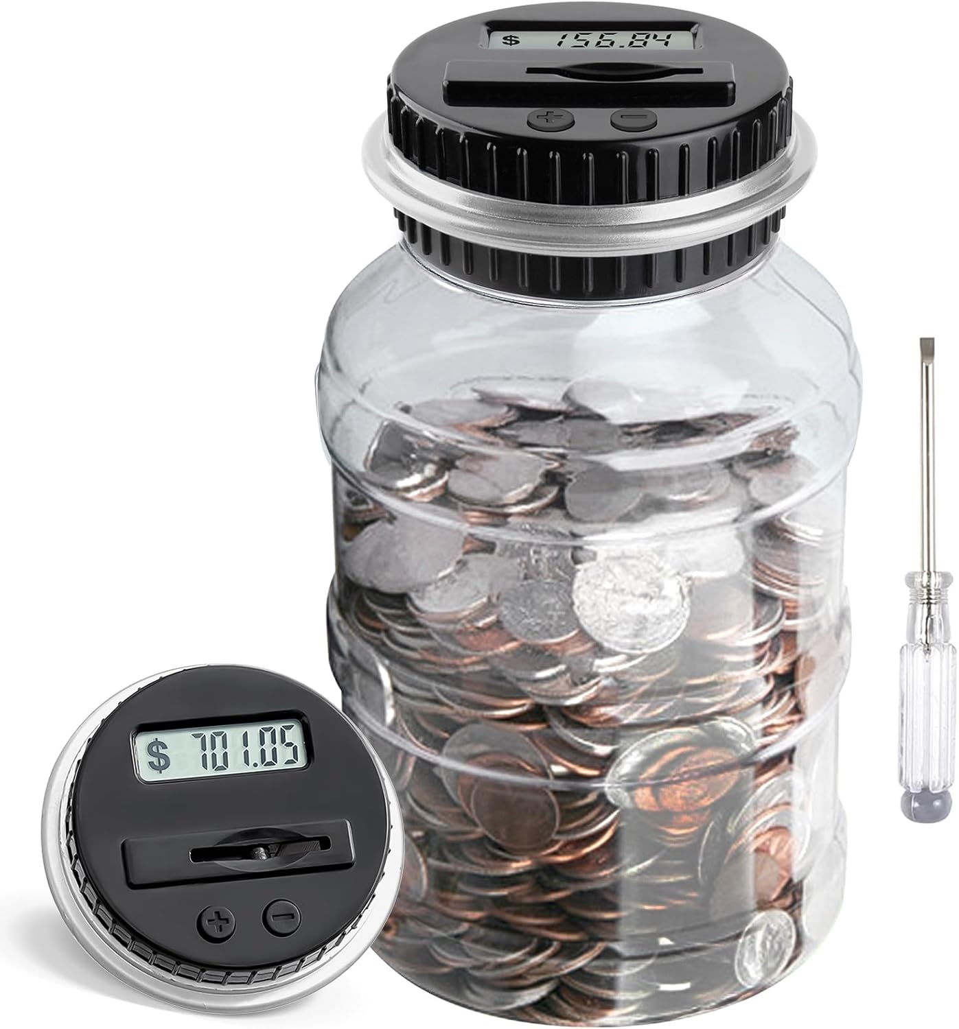 Large Piggy Bank for Boys Adults, Vcertcpl Digital Coin Counting Bank with LCD Counter, 1.8L Capacity Coin Bank Money Jar for Adults, Designed for All US Coins (Silver)