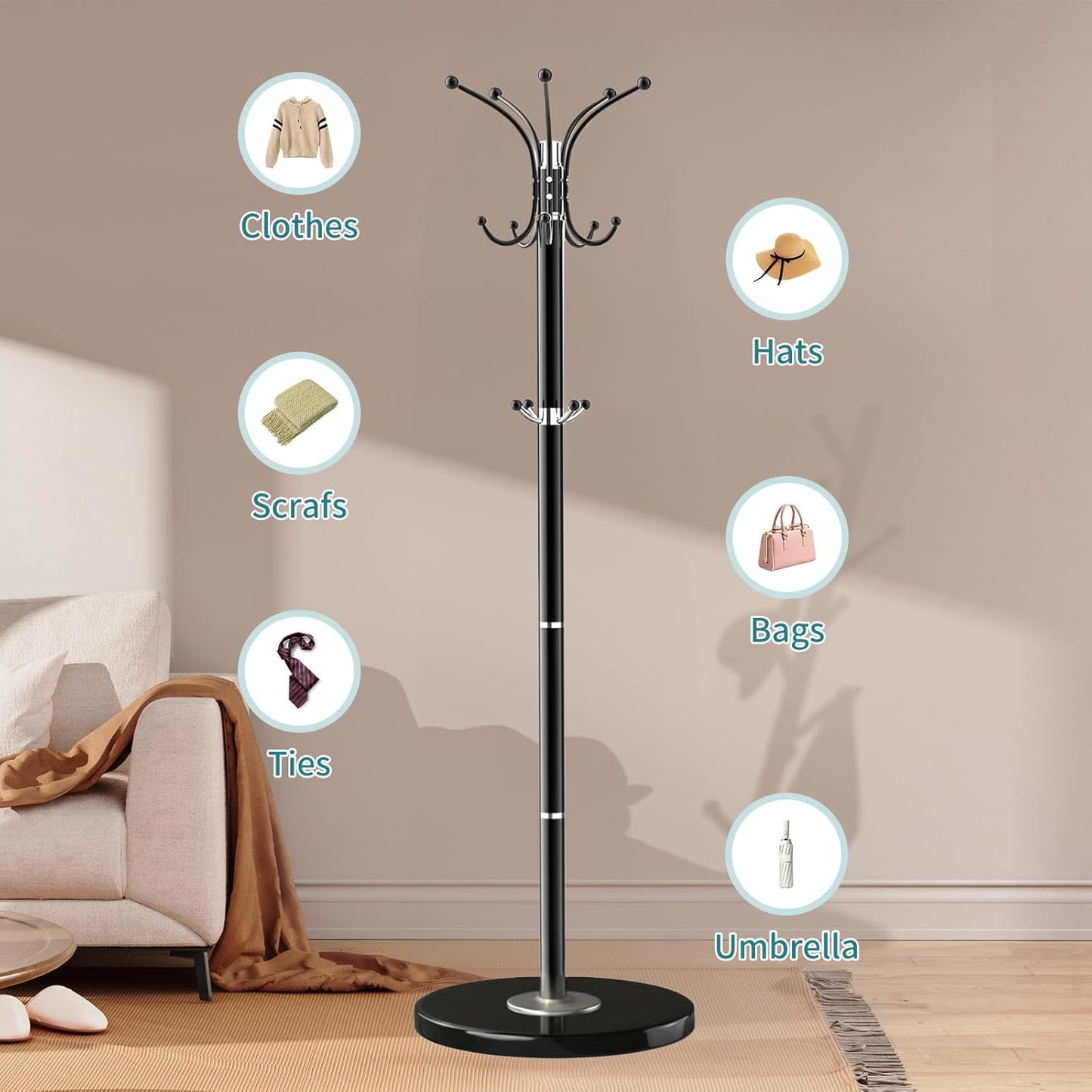 Coat Rack with Natural Marble Base, Metal Freestanding Coat Racks with 14 Hooks, 360°Rotary Coat Rack Stand for Hanging Scarf, Bag, Jacket, Black Coat Tree Hanger Holder Stand