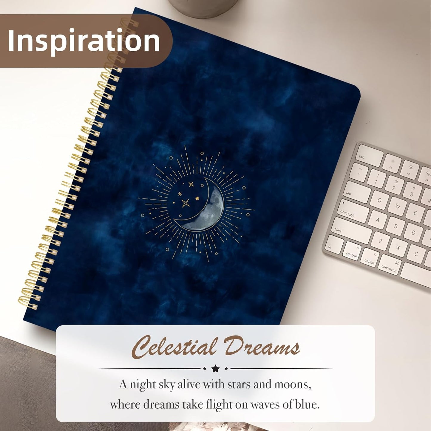 Cute Spiral Notebook journal A4 Aesthetic Pretty Design for Women Girls Kawaii with Pocket, 8.5 x 11 inch, Lined, Blue Moon