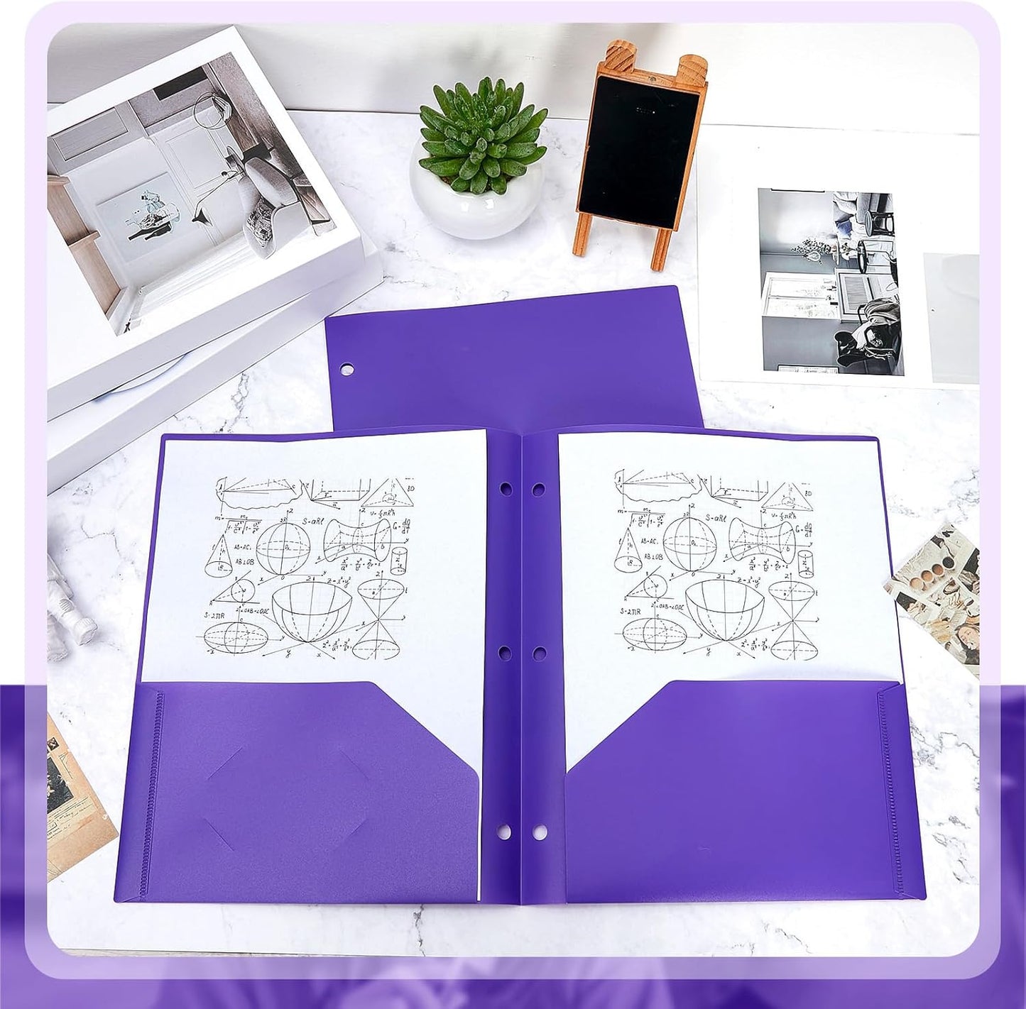 Yeaqee 100 Pcs Plastic Folders with Pockets Bulk 3 Hole Punched 2 Pocket File Folders for 3 Ring Binder Divider Folder for Notebooks, Durable Poly for Office Home (Purple)