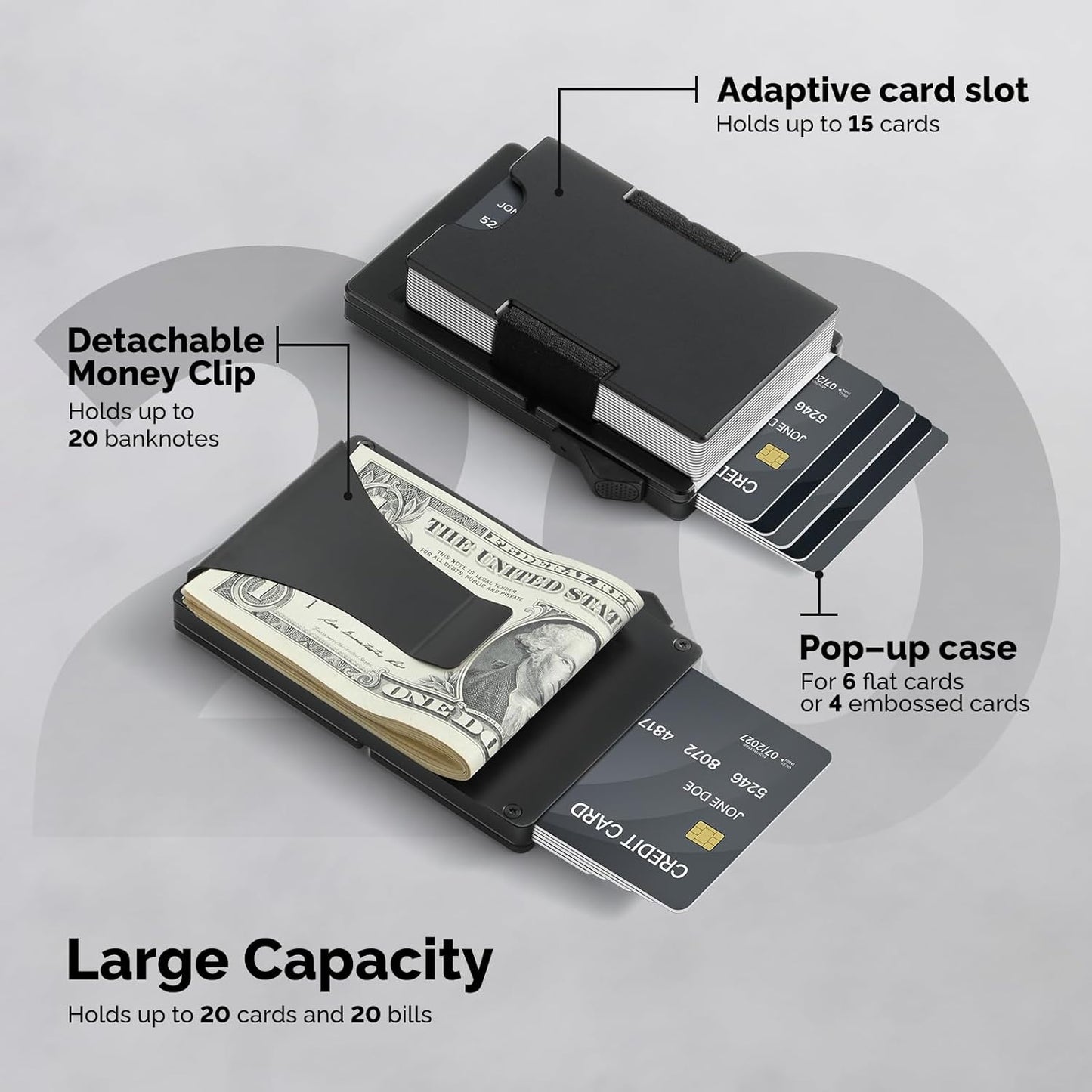 Wallet for Men with Money Clip - Holds 10-20 Cards, RFID Blocking Card Holder Wallets with Smart Card Slot, Minimalist Mens Wallet, Metal Pop Up Wallet, Gifts for Men Black