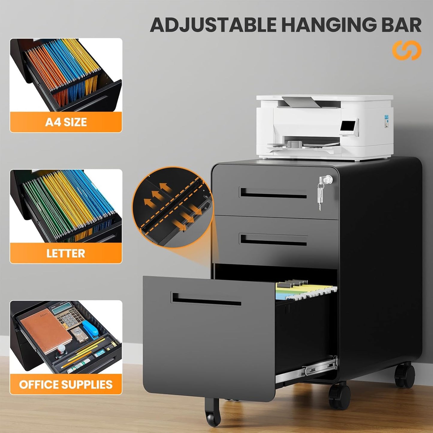 3 Drawer File Cabinet, Fully Assembled Mobile File Cabinets with Lock for Home Office, Metal Rolling Filing Caninet on Wheels, Three Drawer Under Desk Cabnet for Letter/Legal / A4 - Black