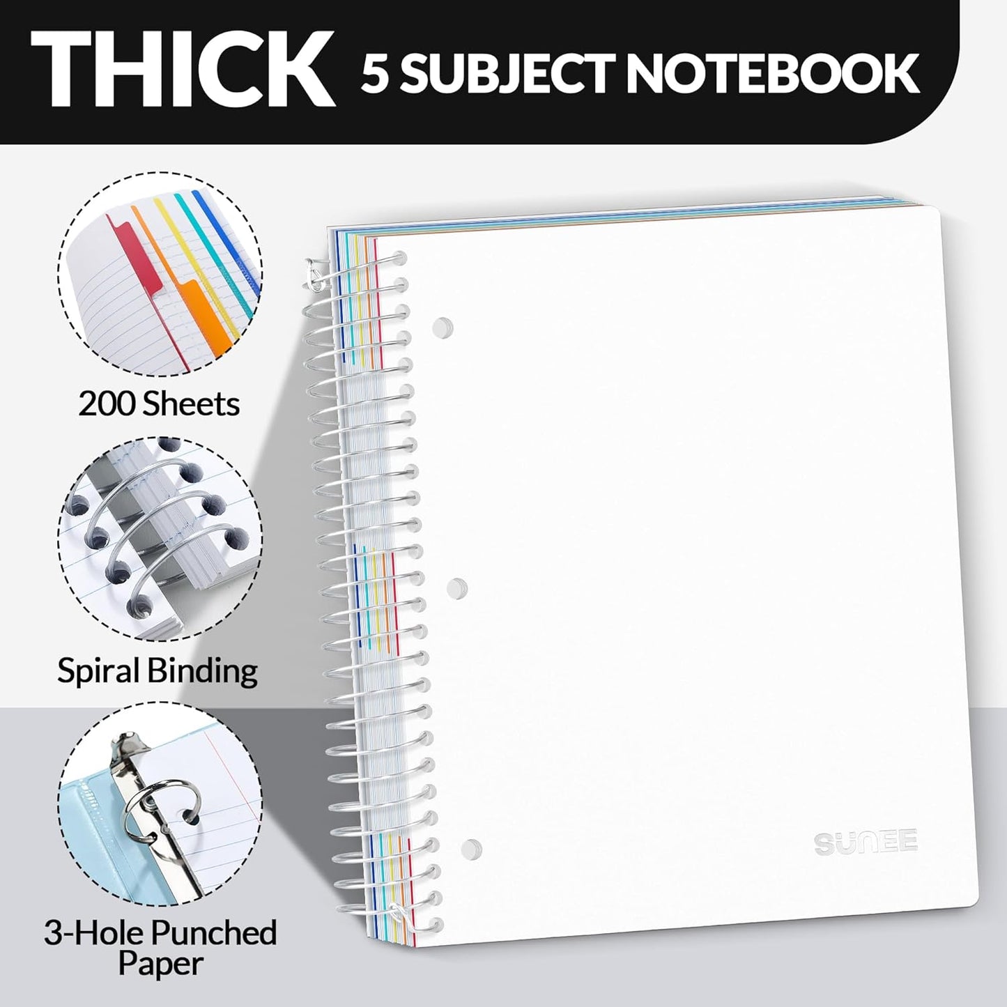SUNEE 5 Subject Notebook College Ruled - 400 Pages, 9"x11", 5 Pocket Colored Dividers, 3-Hole Punched Paper, White