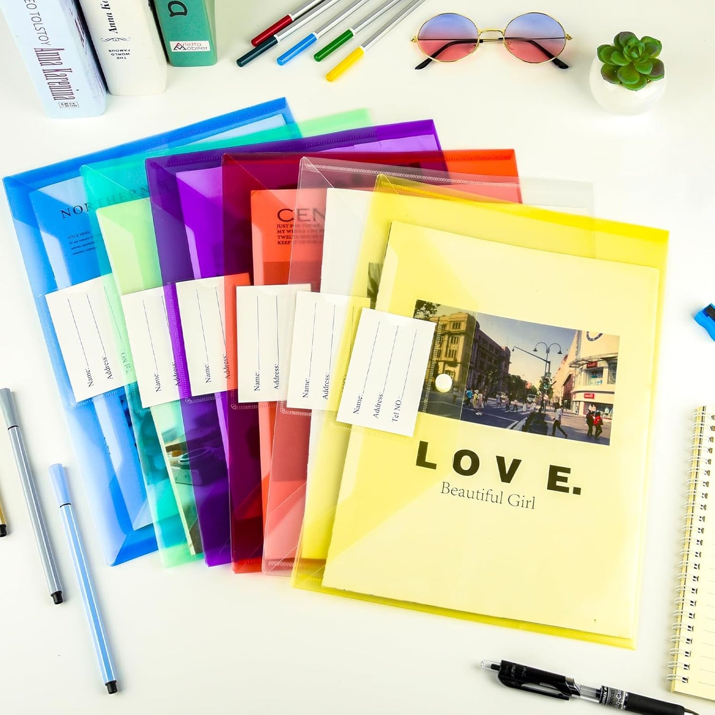 NACHLYNN 48pcs Plastic Envelopes Plastic Folders with Snap Closure, 6 Colors A4 Size Clear File Envelopes with Label Documents Folders Organizers for Home Work Office Organization