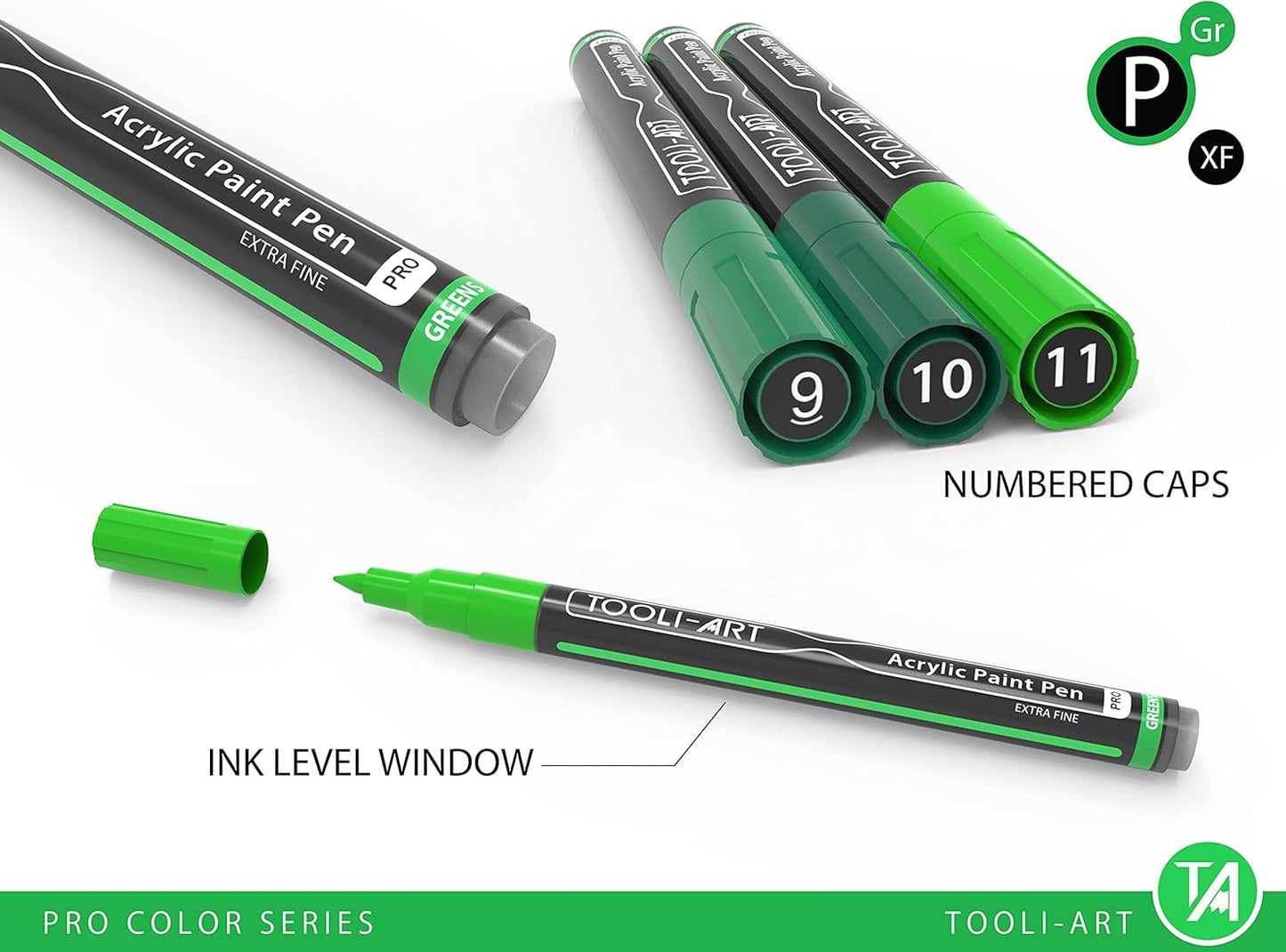 Acrylic Paint Pens 22 Green Tones Assorted Pro Color Series Markers Set 0.7mm Extra Fine Tip for Rock Painting, Glass, Mugs, Wood, Metal, Canvas, Projects, Non Toxic, Waterbased, Quick Drying