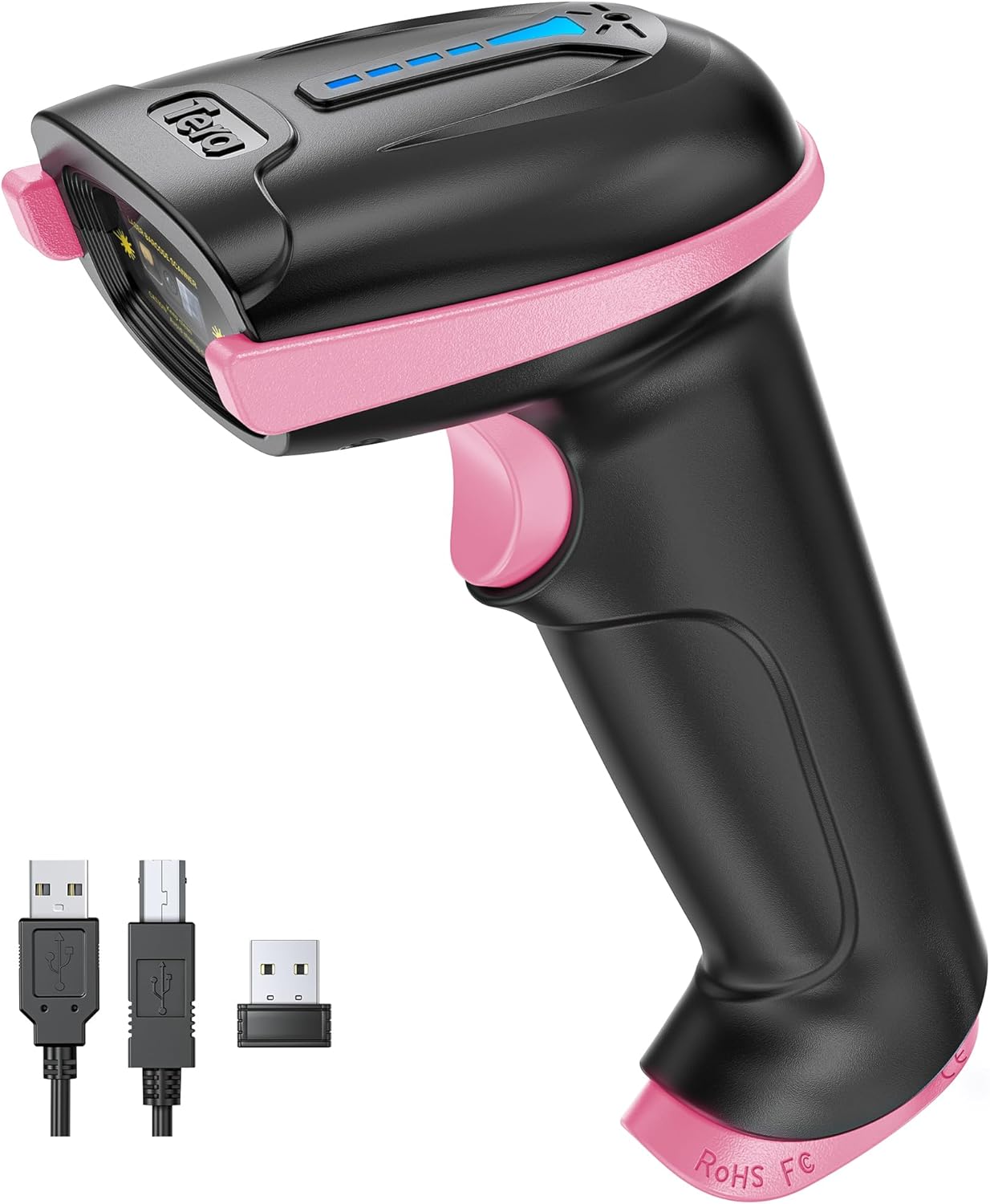 Tera Barcode Scanner Wireless Versatile 2-in-1 (2.4Ghz Wireless+USB 2.0 Wired) with Battery Level Indicator, 328 Feet Transmission Distance Rechargeable 1D Laser Bar Code Reader Handheld 5100 Pink