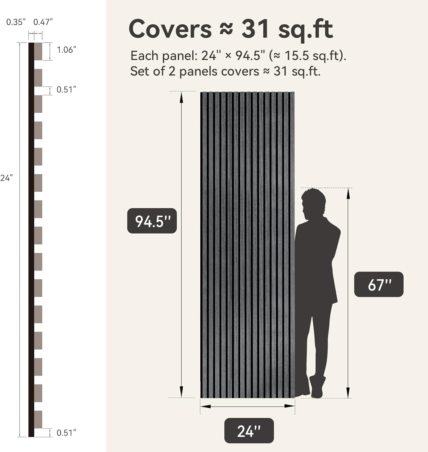 Upick MDF Acoustic Wall Panels Sound Absorbing, 2 Pack 94.5 x 23.4 inch Sound Proof Foam Wall Panels & Wood Slat Wall Panels for Interior Wall Decor, Matte Black