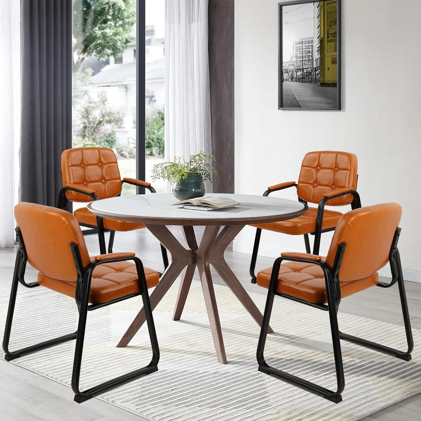 CLATINA Office Guest Chair, Leather Reception Chairs with Padded Arms, Desk Chair No Wheels Stationary for Conference Lobby Waiting Room Training Side Elderly, Set of 4-Orange