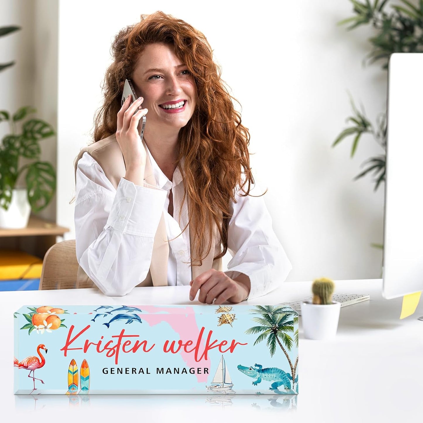 Personalized Name Plate for Desk - Custom Engraved Name Plates for Man - Boss Day Gifts for Boss - Acrylic Office Decor Appreciation Gifts for Teacher Nurse Coworker Social Worker (Summer in Florida)