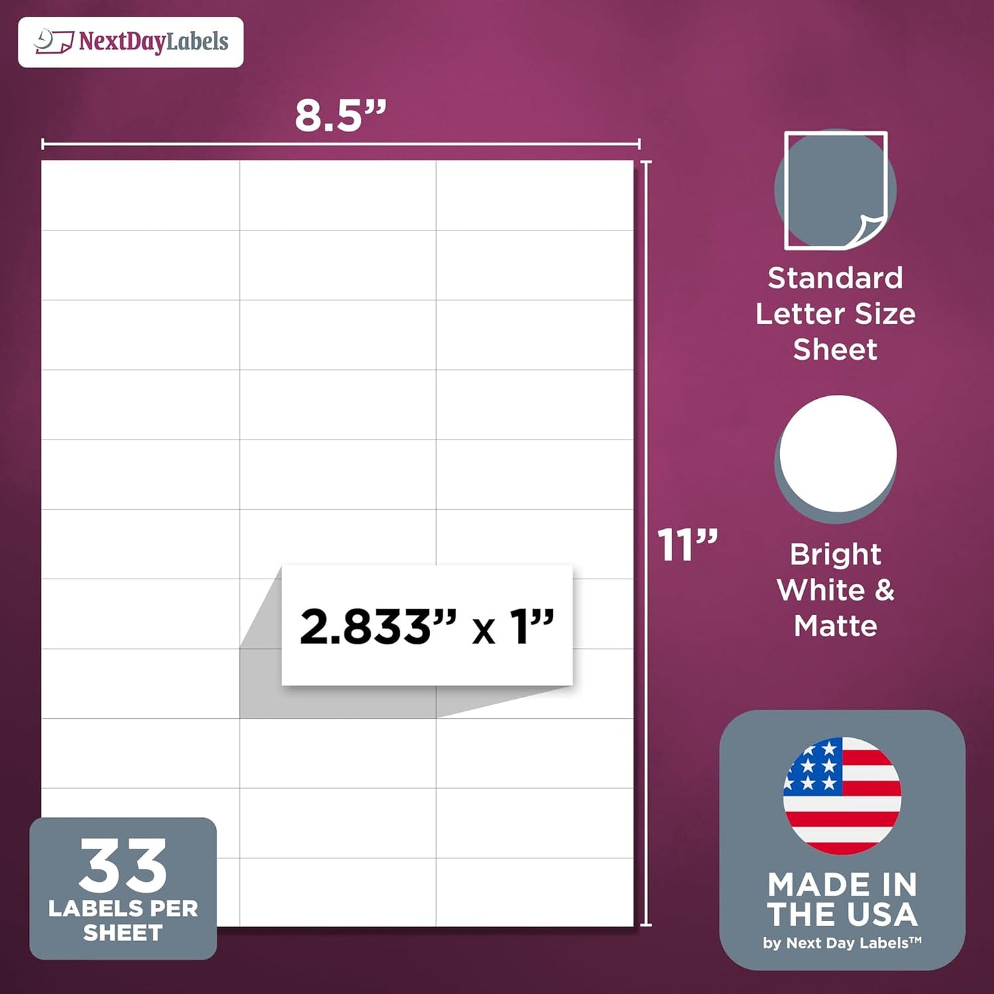 NextDayLabels - 2.83" x 1" Rectangular Sticker Labels for Printer - White Laser/Inkjet Printer Labels Return Address Labels Shipping Label Stickers (25 Sheets, 33 Per Sheet, 825 Labels)