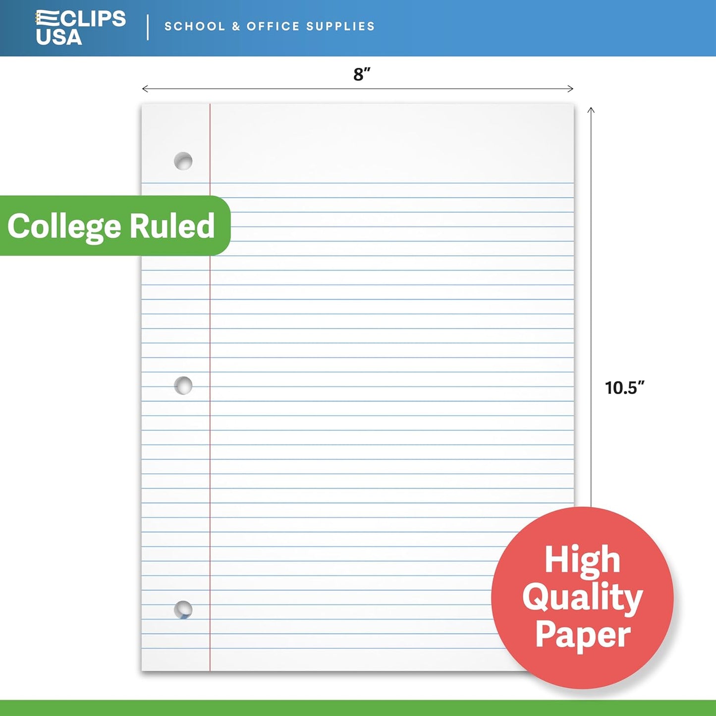 Notebook Paper, College Ruled Loose Leaf Paper (6 Pack), Filler Paper, 10.5” x 8”, Filler Paper, 200 Sheets Per Pack, 60 gsm (6 Pack)