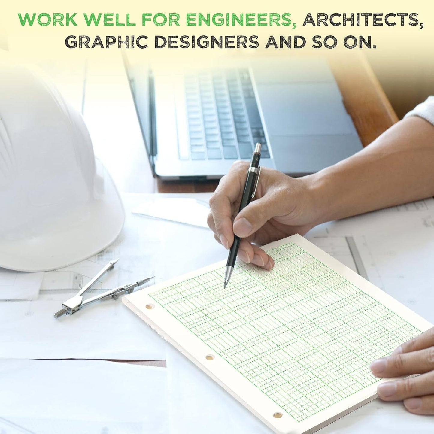 Zhanmai 5 Pack Engineering Computation Pad 5 Squares Per Inch 8.5" x 11" Engineering Graph Paper Notepad 100 Sheets Per Pad, 3 Hole Punched(Beige, Green)