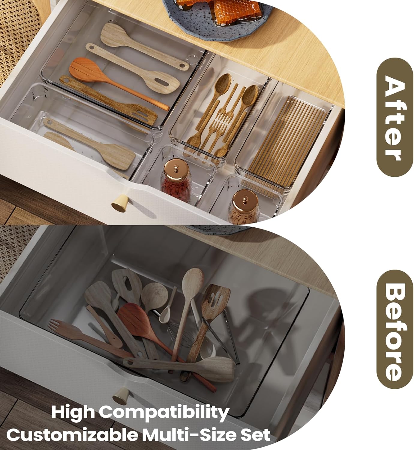 15 PCS Clear Plastic Drawer Organizer Set, 4 Sizes Acrylic Drawer Storage Trays Non Slip Storage Bins for Makeup, Jewelry, Gadgets for Kitchen, Bedroom, Bathroom, Office