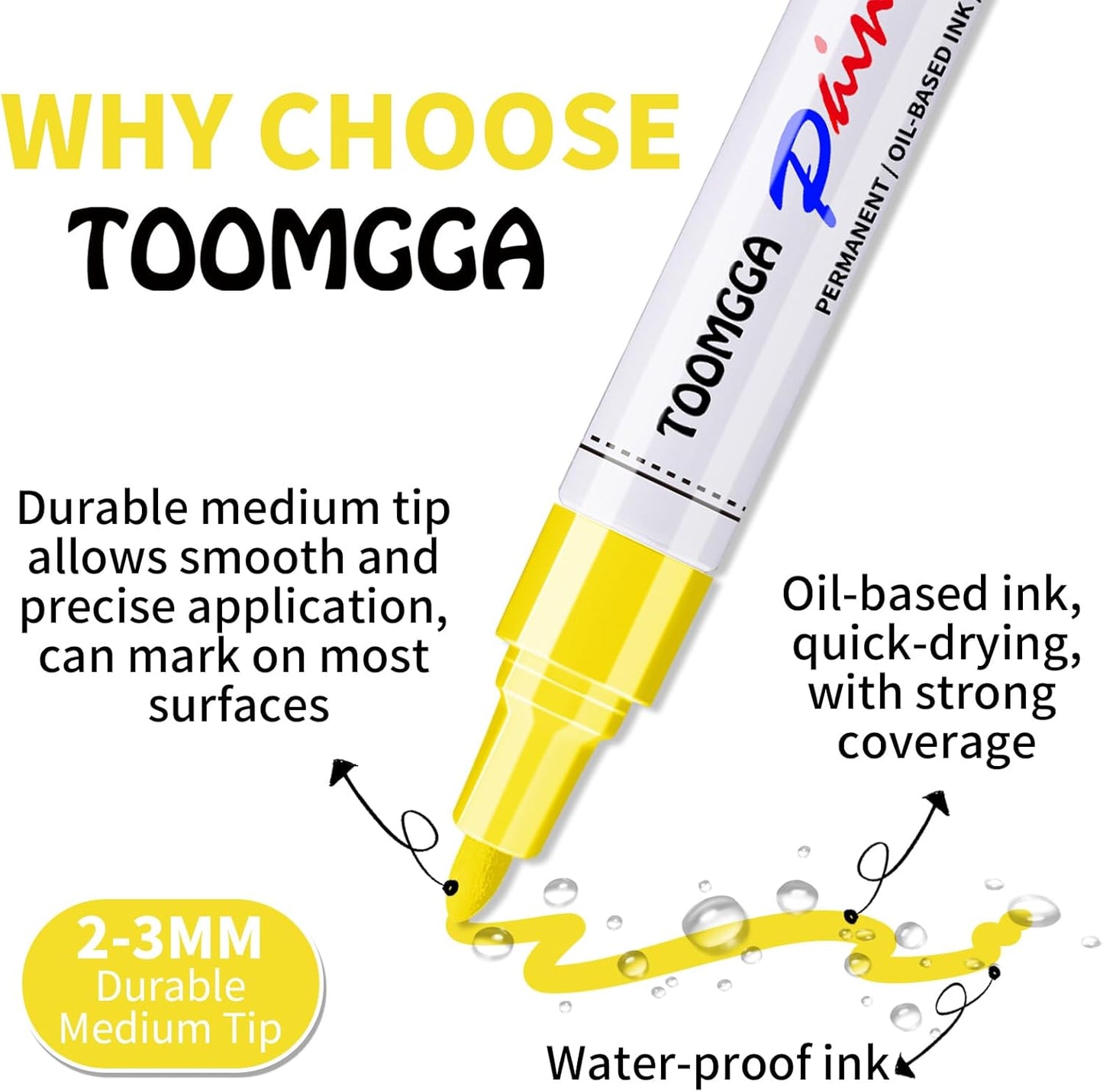 Yellow Permanent Paint Pens Paint Markers - 8 Pack Oil Based Markers, Quick Drying and Waterproof Marker Pen, Car Tire, Metal, Rock Painting, Wood, Ceramic, Plastic, Canvas, Mugs, Medium Tip