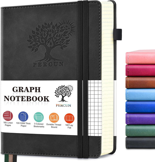 PERCUN Graph Paper Notebook, 160 Pages Grid Journal for women & men, A5 Hardcover Leather Graphing Notebook for School, Work, Travel, Note Taking 5.9”x8.5” (Black)