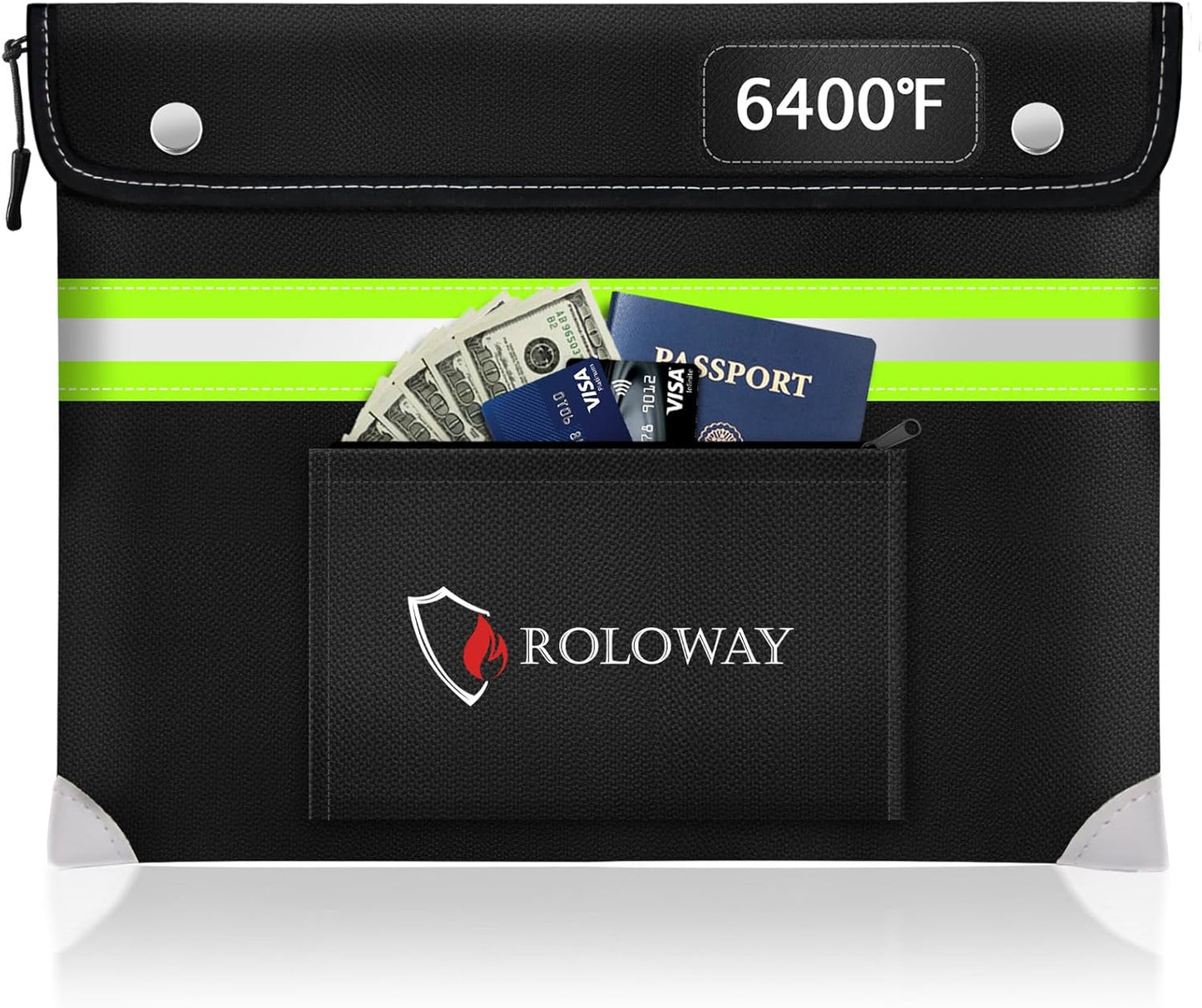 ROLOWAY Upgraded Fireproof Document Bag (14.5 x 11.5 inch) with 6400℉ Aluminum Foil Layer, Fireproof Safe Bag for Documents with Front Pocket and Reflective Strip