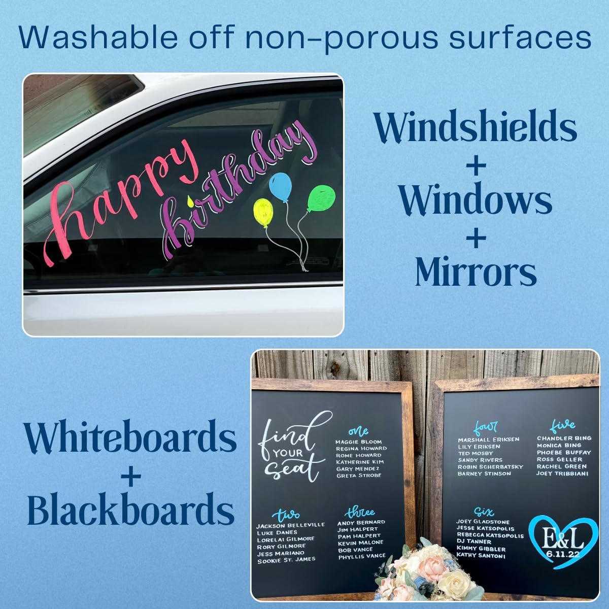 Liquid Chalk Drawing Markers for Car Windows, Auto Windshields, Mirrors, White Boards, Retail + Restaurant Signs. Erasable Chalk Markers – Washable – Bold - Neon 8pck. 10mm tip - 3 writing options.