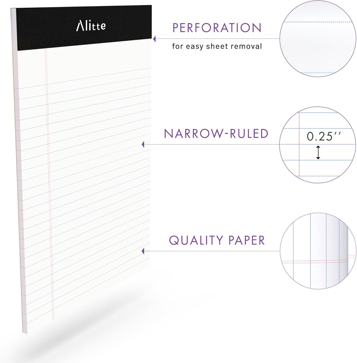 Legal Notepads 5x8, Pack of 6 - Perforated Narrow Ruled Writing Pad - Premium Thick Paper, No Ink Bleeding - Blank Legal Pads For Home, Office, School, Business - 50 Sheets Per Notebook